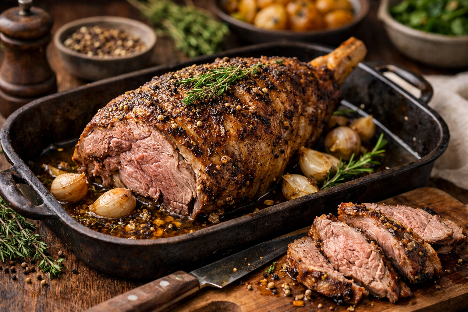 Gigot d’agneau rôti, ail & épices douces