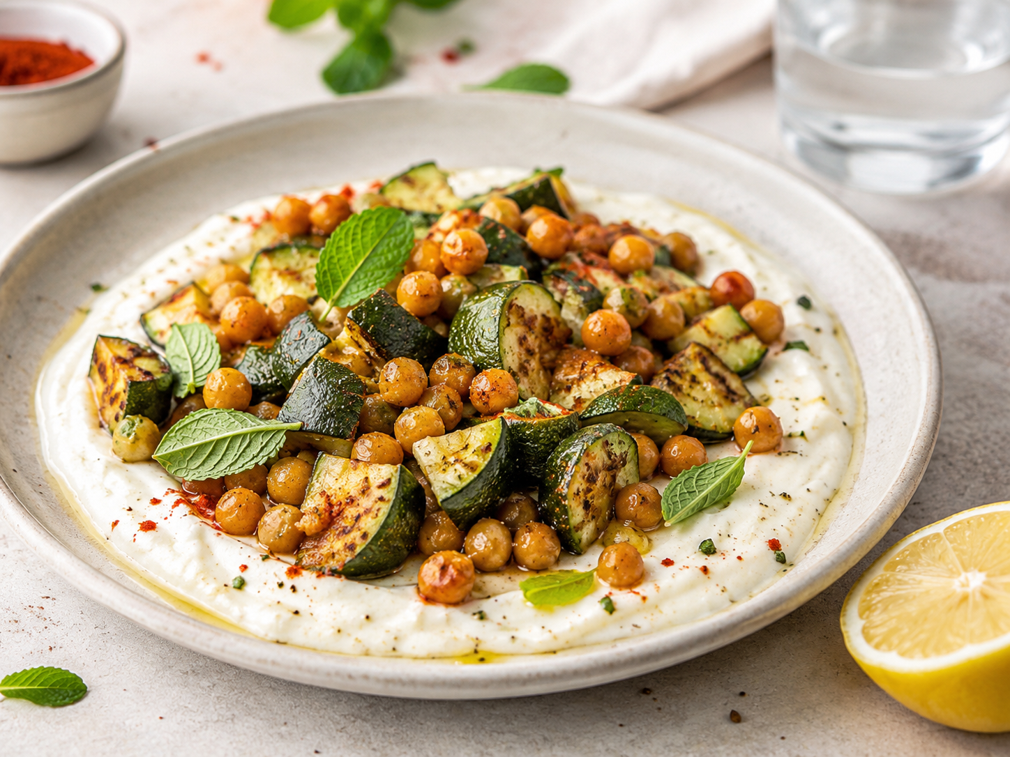 Courgettes rôties, pois chiches dorés, yaourt citronné et menthe